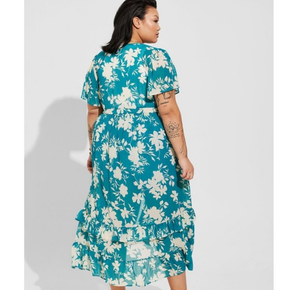 Torrid Chiffon Maxi Ruffle Kimono Floral Teal